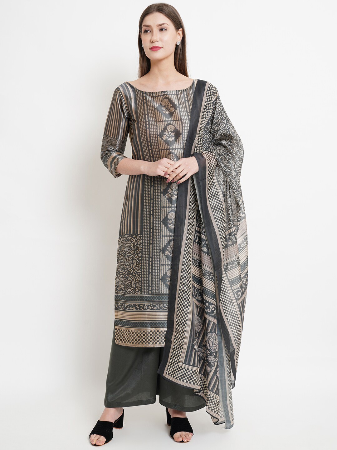 

Stylee LIFESTYLE Women Green & Gold-Toned Floral Pure Silk Unstitched Dress Material