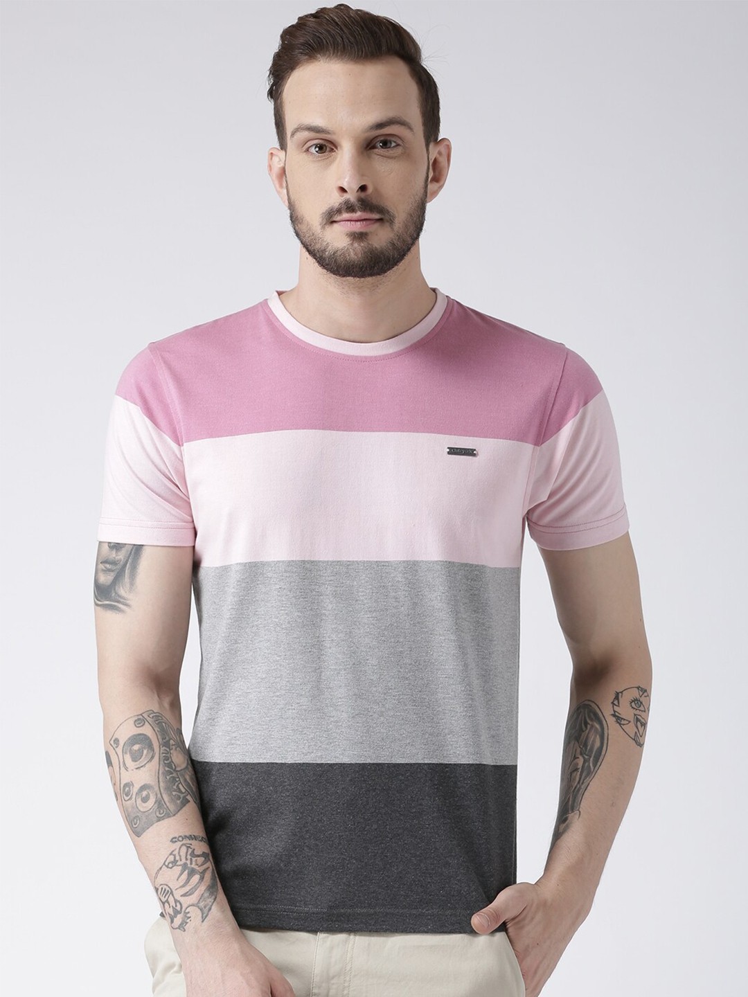 

Club York Men Pink & Grey Colourblocked T-shirt