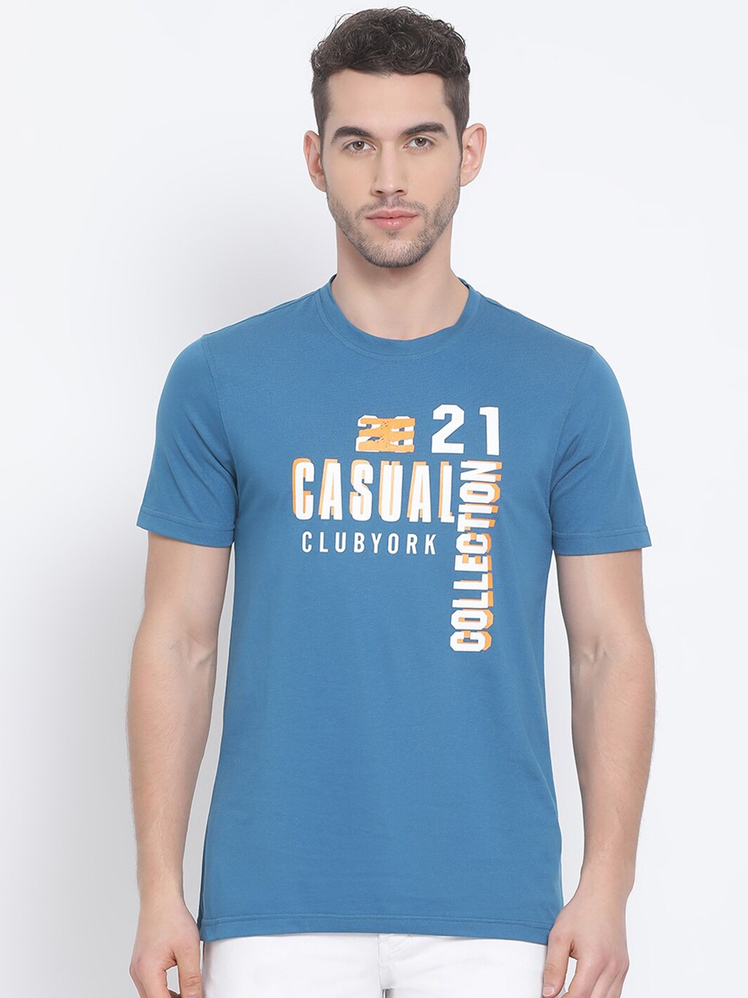 

Club York Men Blue Typography Printed Cotton T-shirt