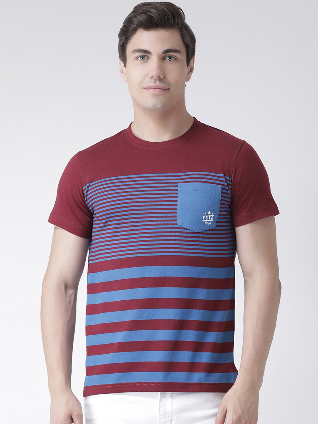 

Club York Men Maroon & Blue Striped T-shirt