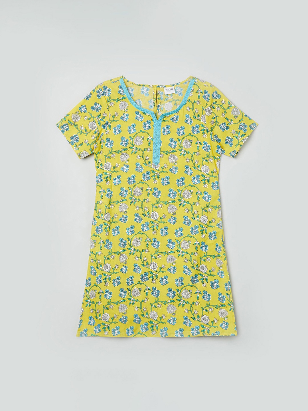 

max Girls Yellow & Blue Floral Printed Pure Cotton Kurta