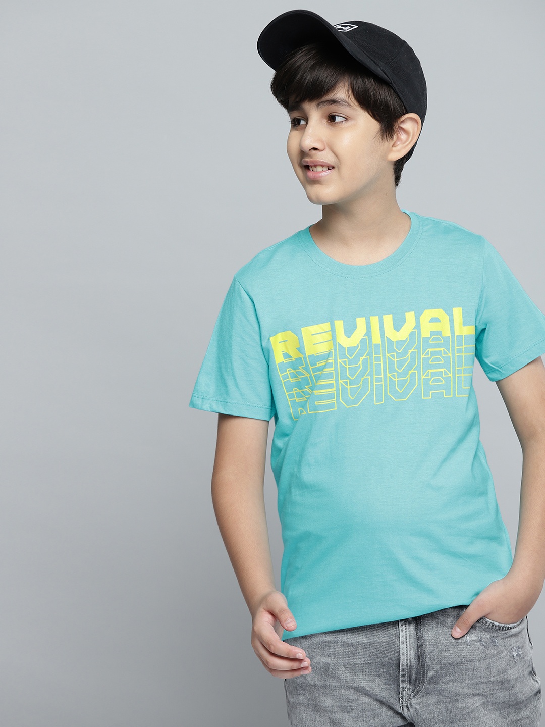 YK Boys Blue & Yellow Typography Printed Cotton T-shirt