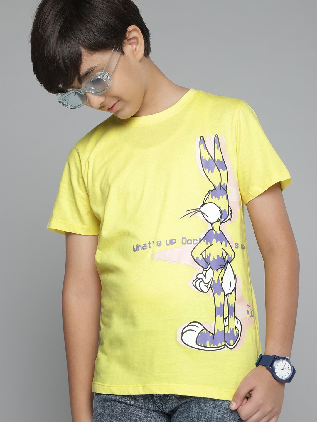 

YK Warner Bros Boys Yellow & Purple Bugs Bunny Print Pure Cotton T-shirt