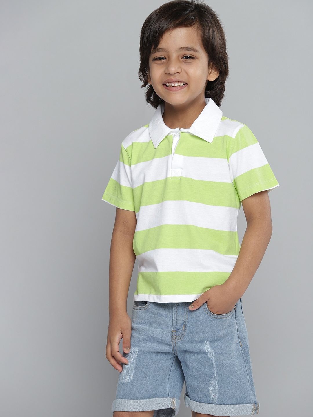 

YK Boys Green & White Striped Polo Collar Pure Cotton T-shirt
