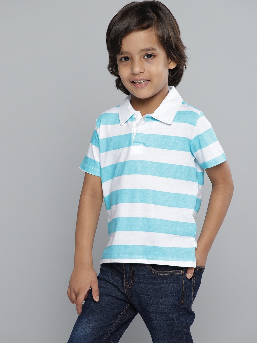 

YK Boys White & Blue Pure Cotton Striped Polo Collar T-shirt