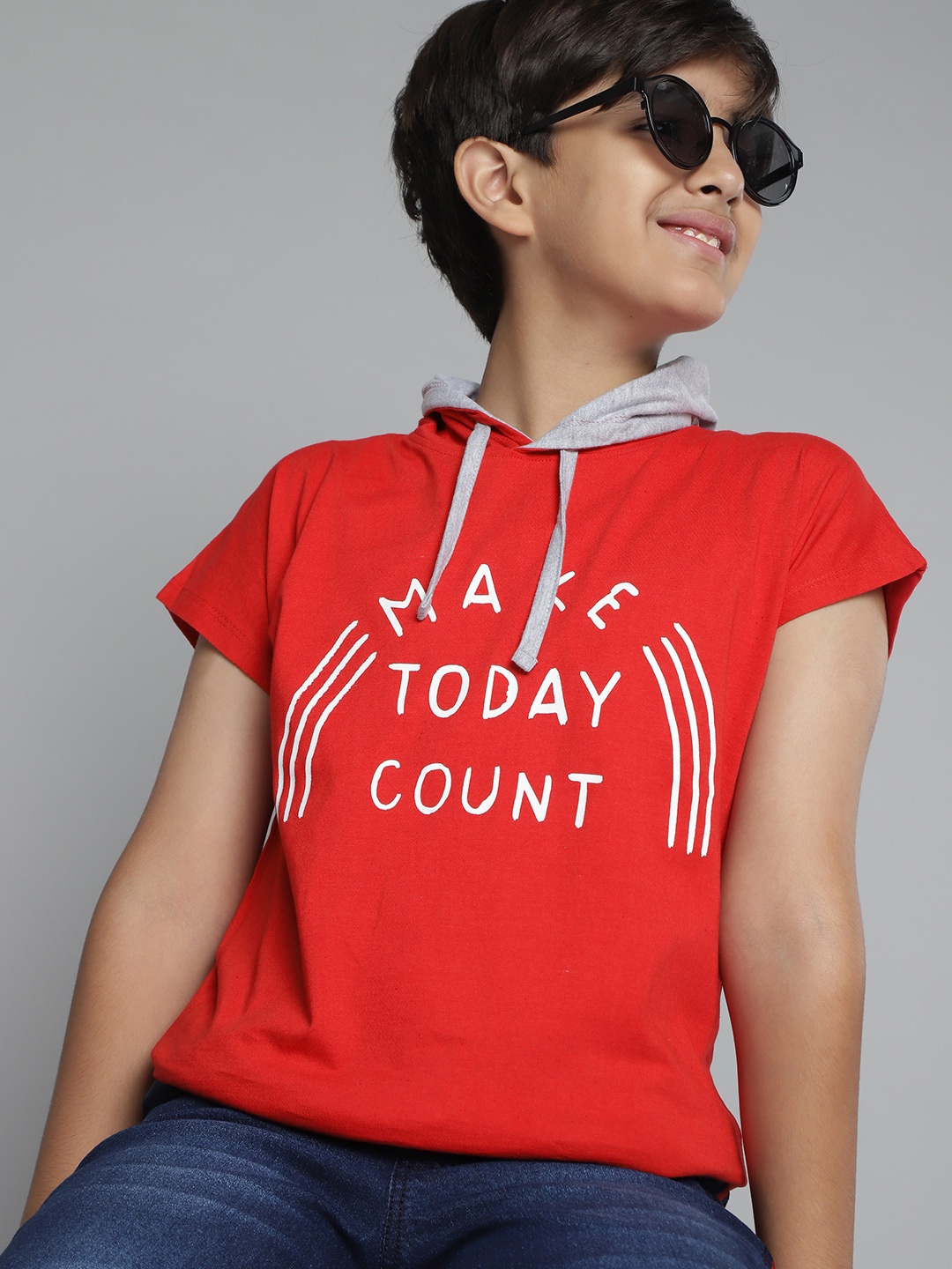 

YK Boys Red & White Typography Printed Extended Sleeves Pure Cotton T-shirt