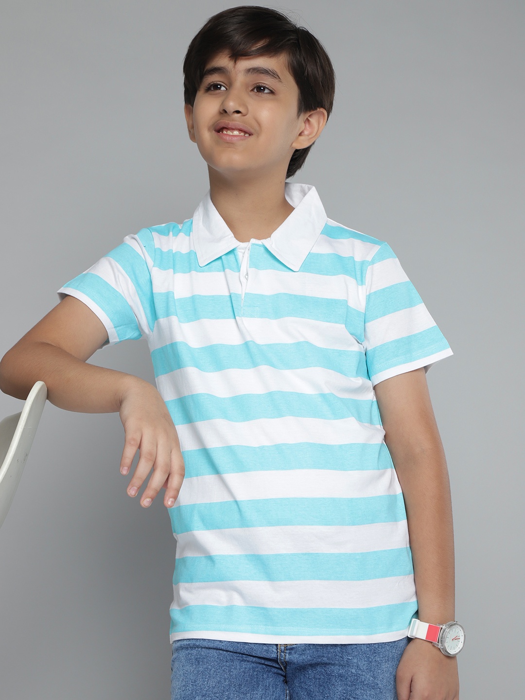 

YK Boys White & Blue Pure Cotton Striped Polo Collar T-shirt