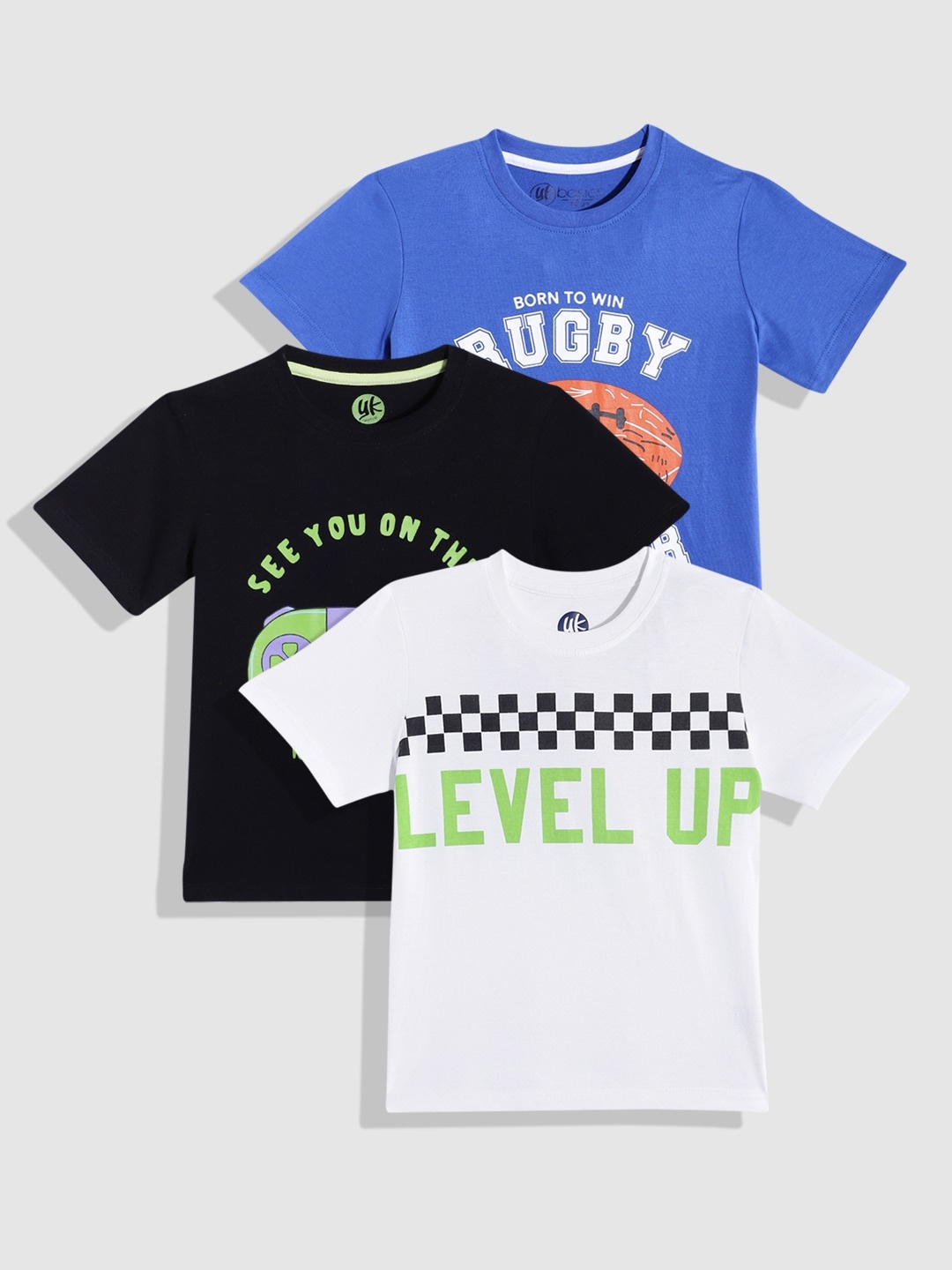 

YK Basics Boys Pack of 3 Printed Pure Cotton T-shirt, White