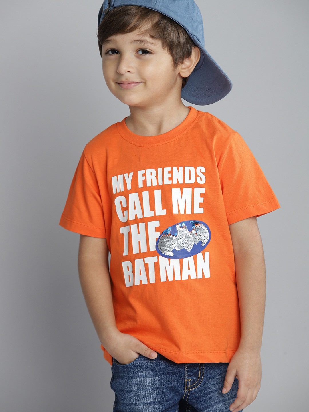 YK Marvel Boys Orange & White Pure Cotton Typography Print Batman Sequin Detail T-shirt
