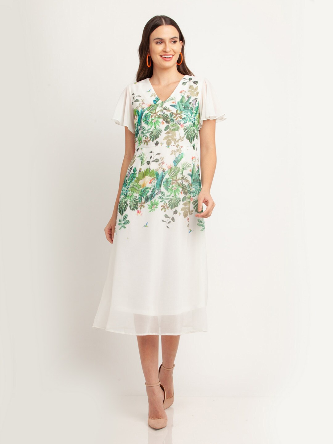 

Zink London White & Green Floral A-Line Midi Dress
