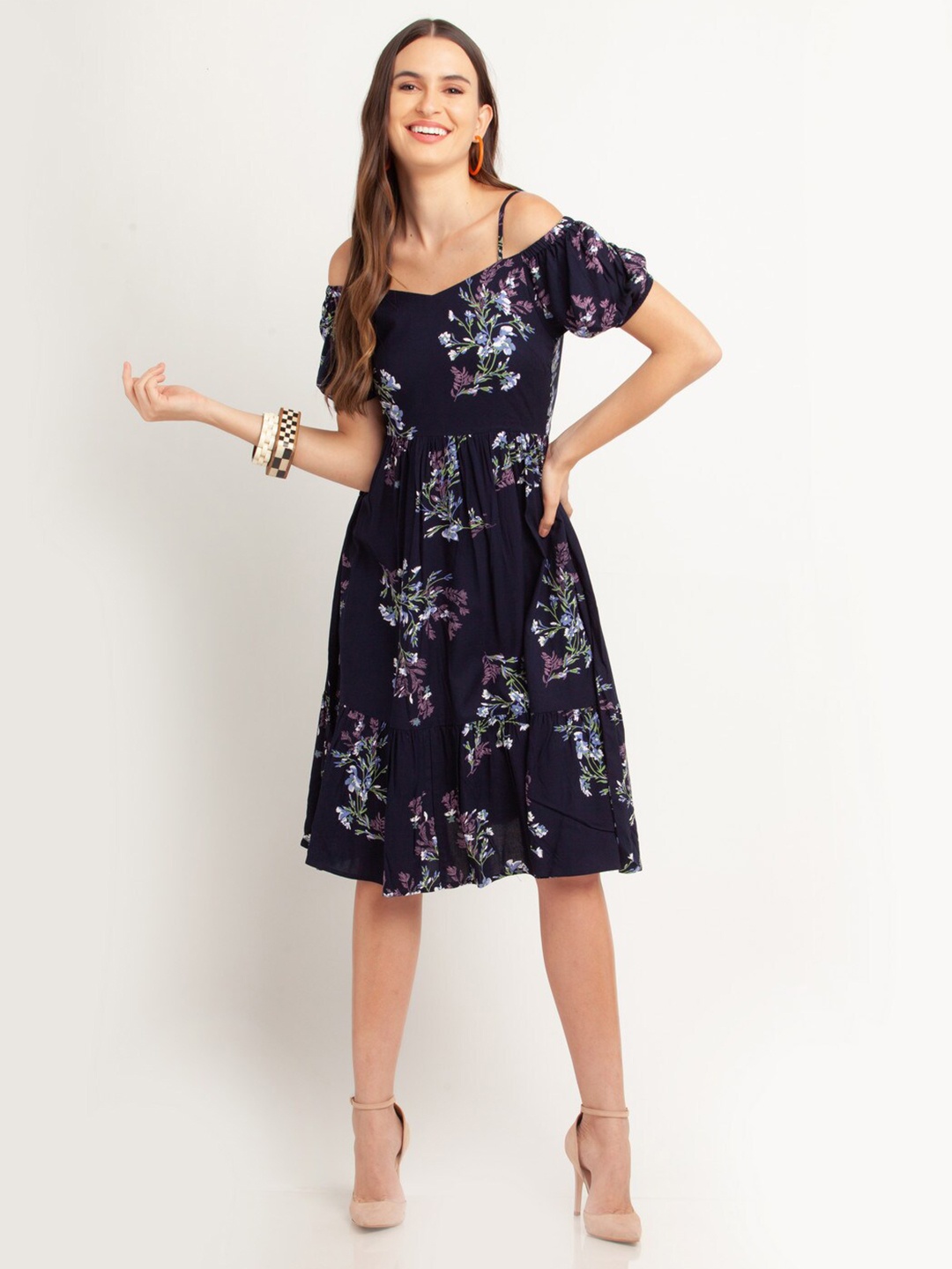 

Zink London Women Navy Blue & Purple Floral Dress