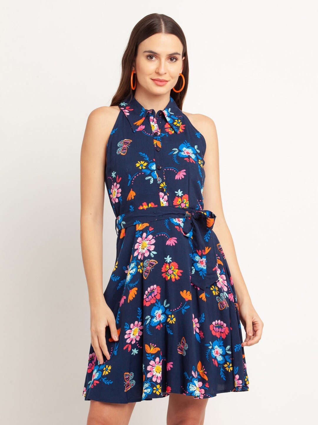 

Zink London Blue Floral Printed Halter Neck Dress