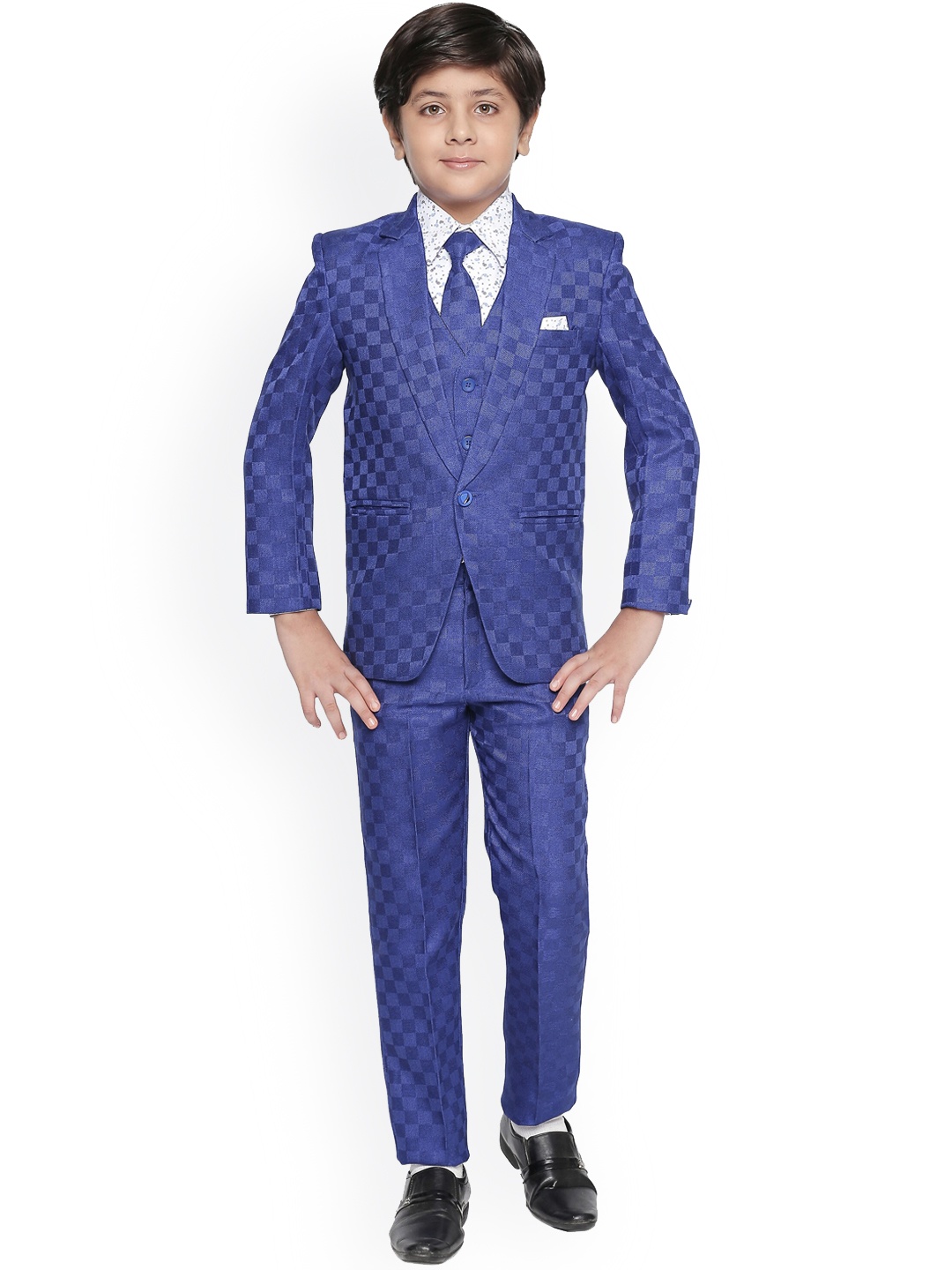 

Jeetethnics Boys Blue Checked 5-Piece Single-Breasted Partywear Suit