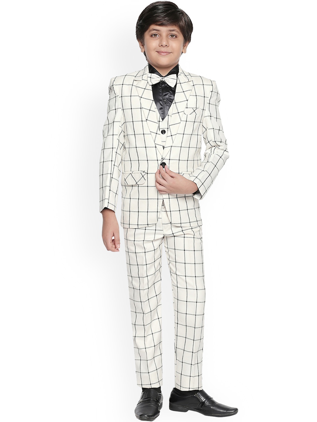 

Jeetethnics Boys White & Black Checked 5-Piece Single-Breasted Partywear Suit
