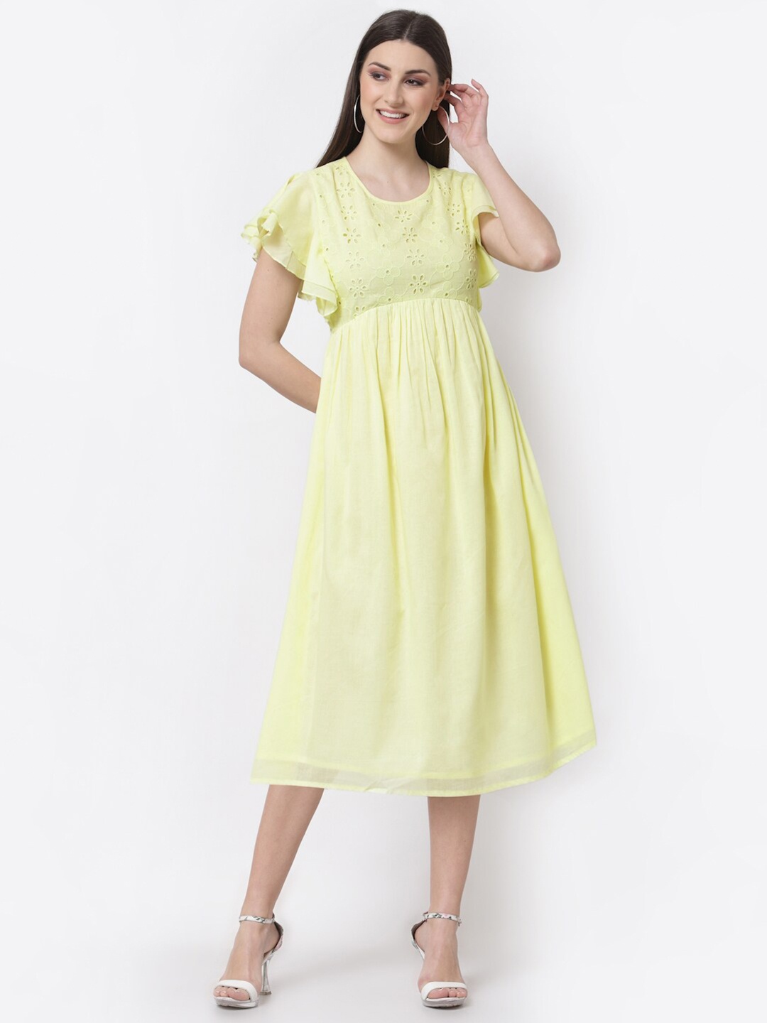 

BLANC9 Women Yellow Schiffli Yoke A-Line Cotton Midi Dress