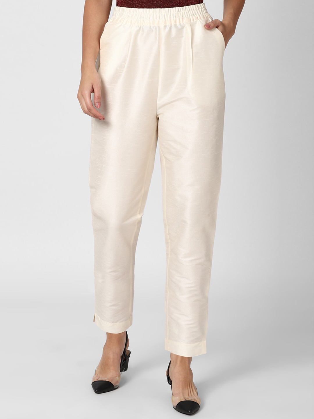 

Van Heusen Woman Cream-Coloured Slim Fit Pleated Trousers