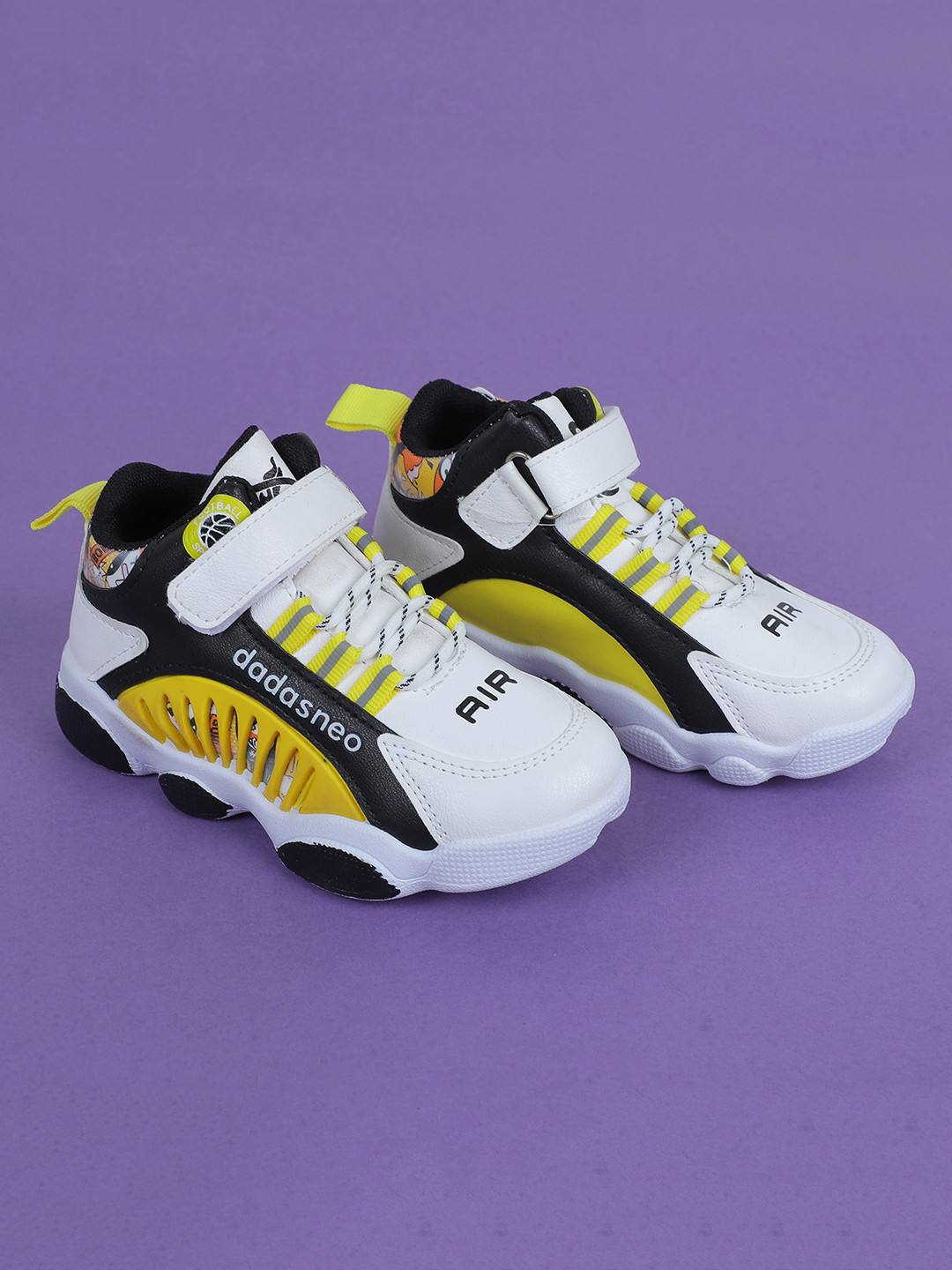 

FEETWELL SHOES Unisex Kids White & Yellow Colourblocked PU Sneakers