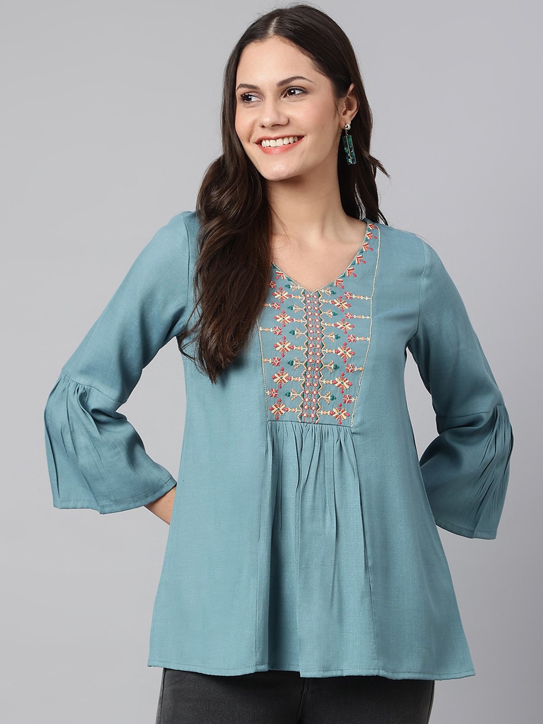 

Os Women Turquoise Blue Embroidered Pure Cotton Top
