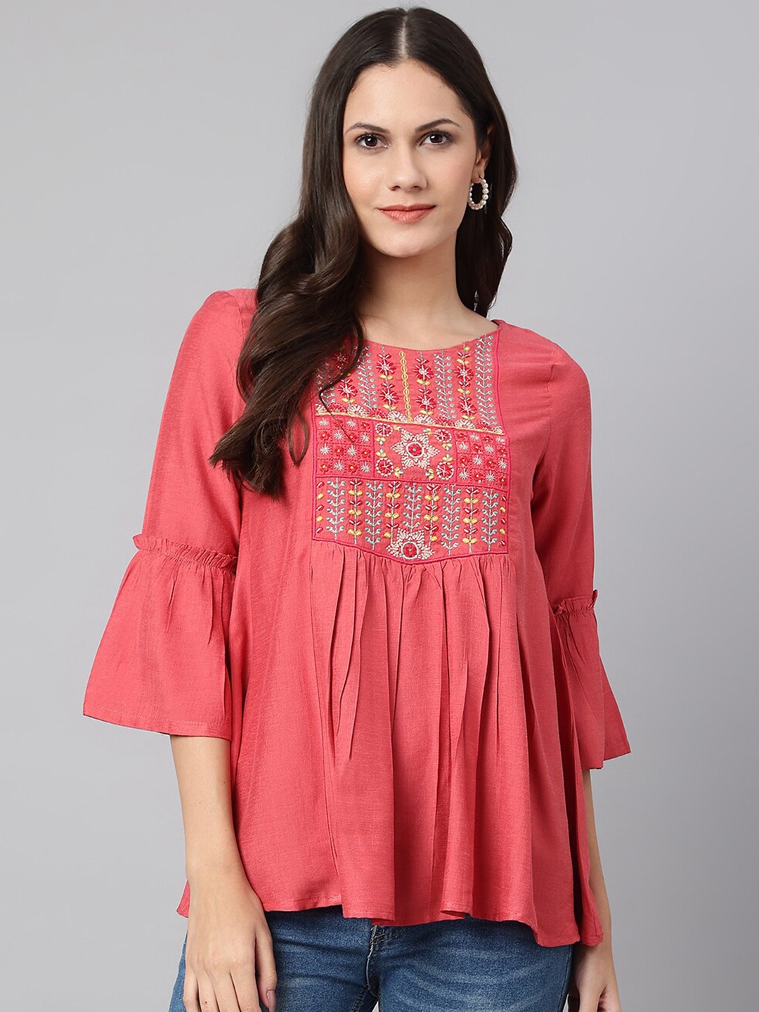 

Os Red Ethnic Motifs Embroidered Bell Sleeves Tunic