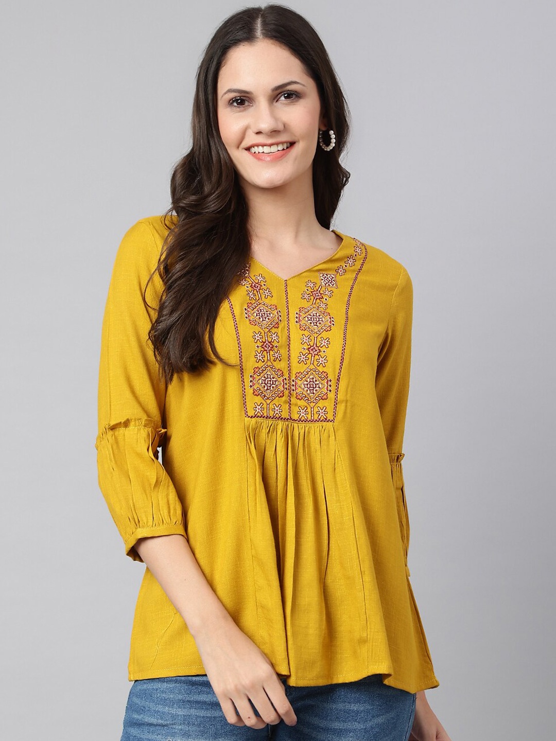 

Os Mustard Yellow Floral Embroidered Pure Cotton Top