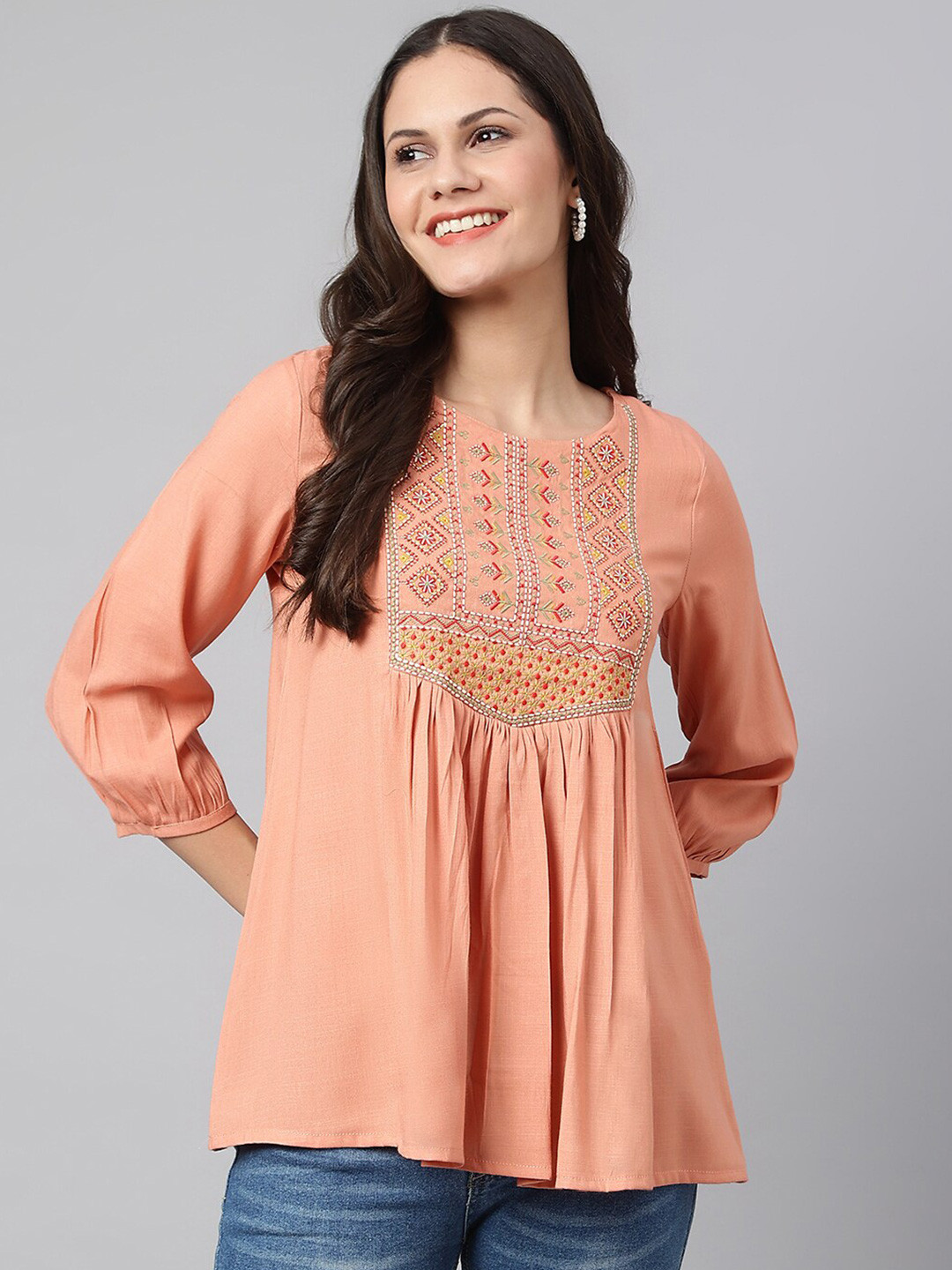 

Os Peach-Coloured Embroidered Pure Cotton Top