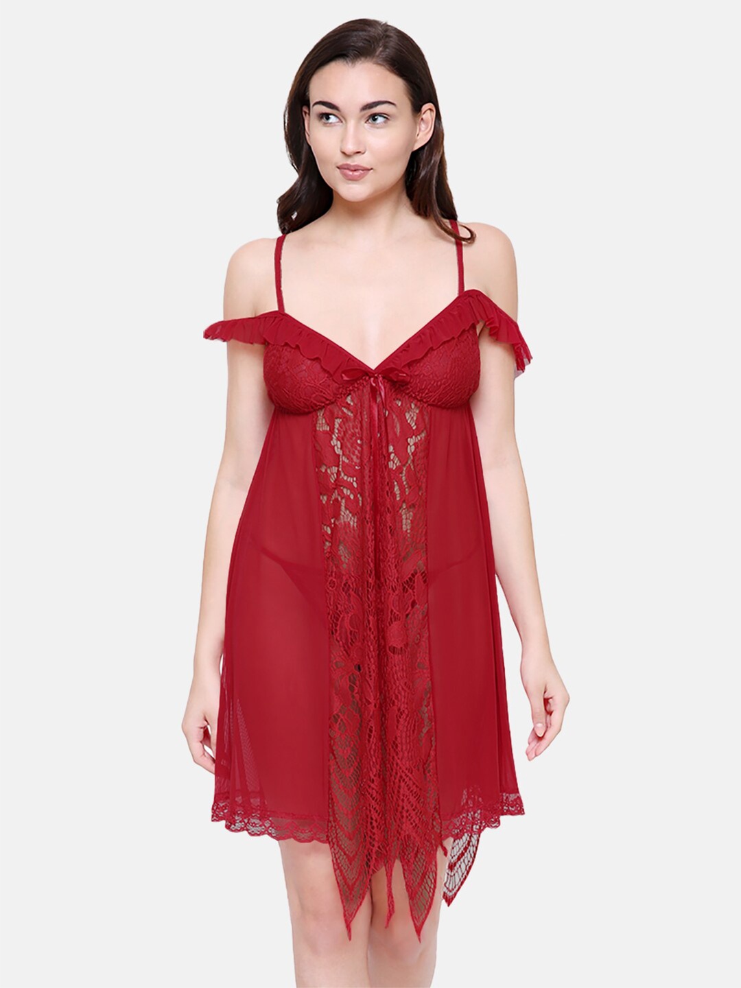 

FashionRack Maroon Net Baby Doll with Asymmetric Hem