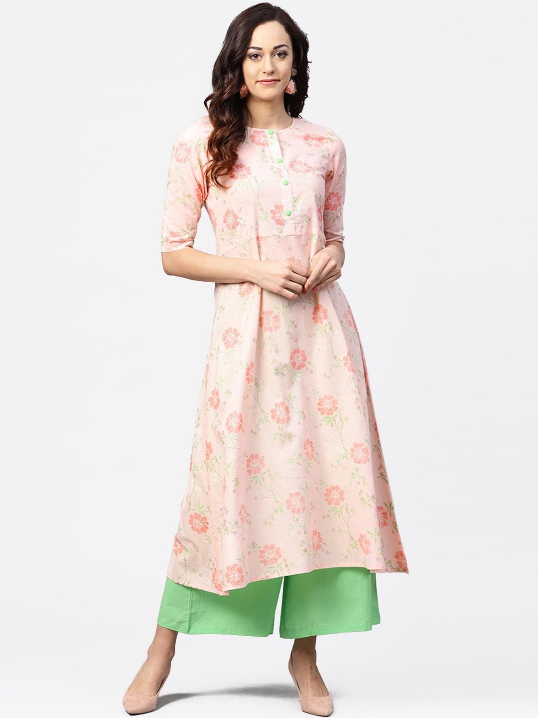 

AASI - HOUSE OF NAYO Women Peach-Coloured Floral Printed Pure Cotton Kurta with Palazzos