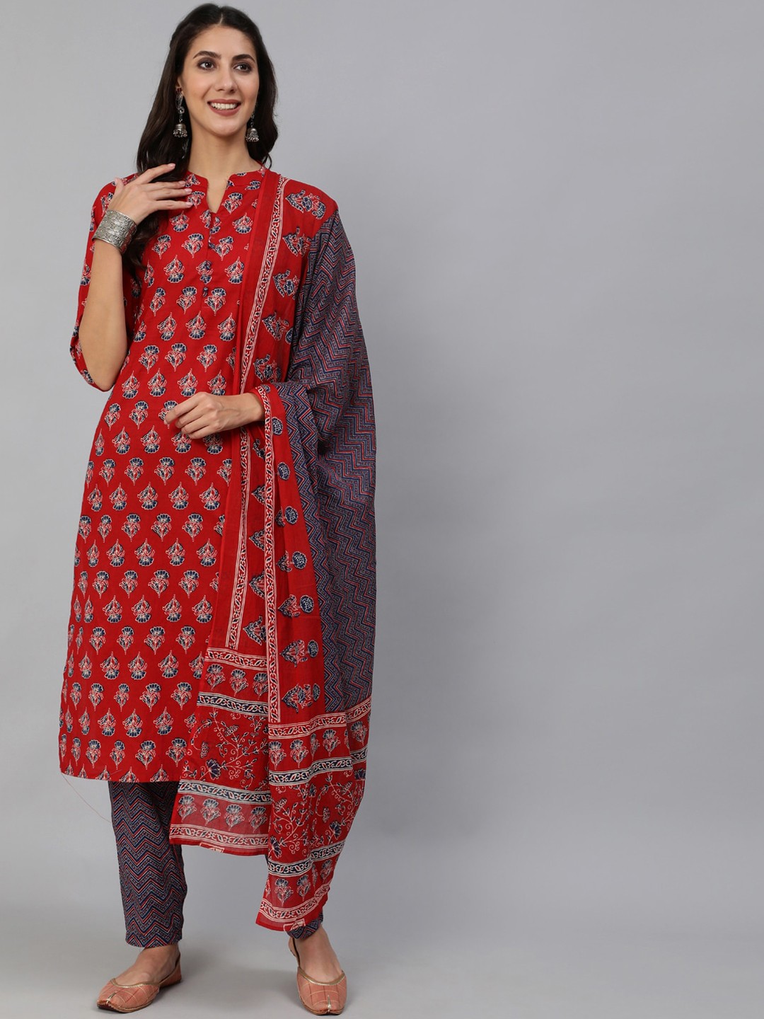

AASI - HOUSE OF NAYO Women Red & Blue Floral Pure Cotton Kurta with Trousers & Dupatta