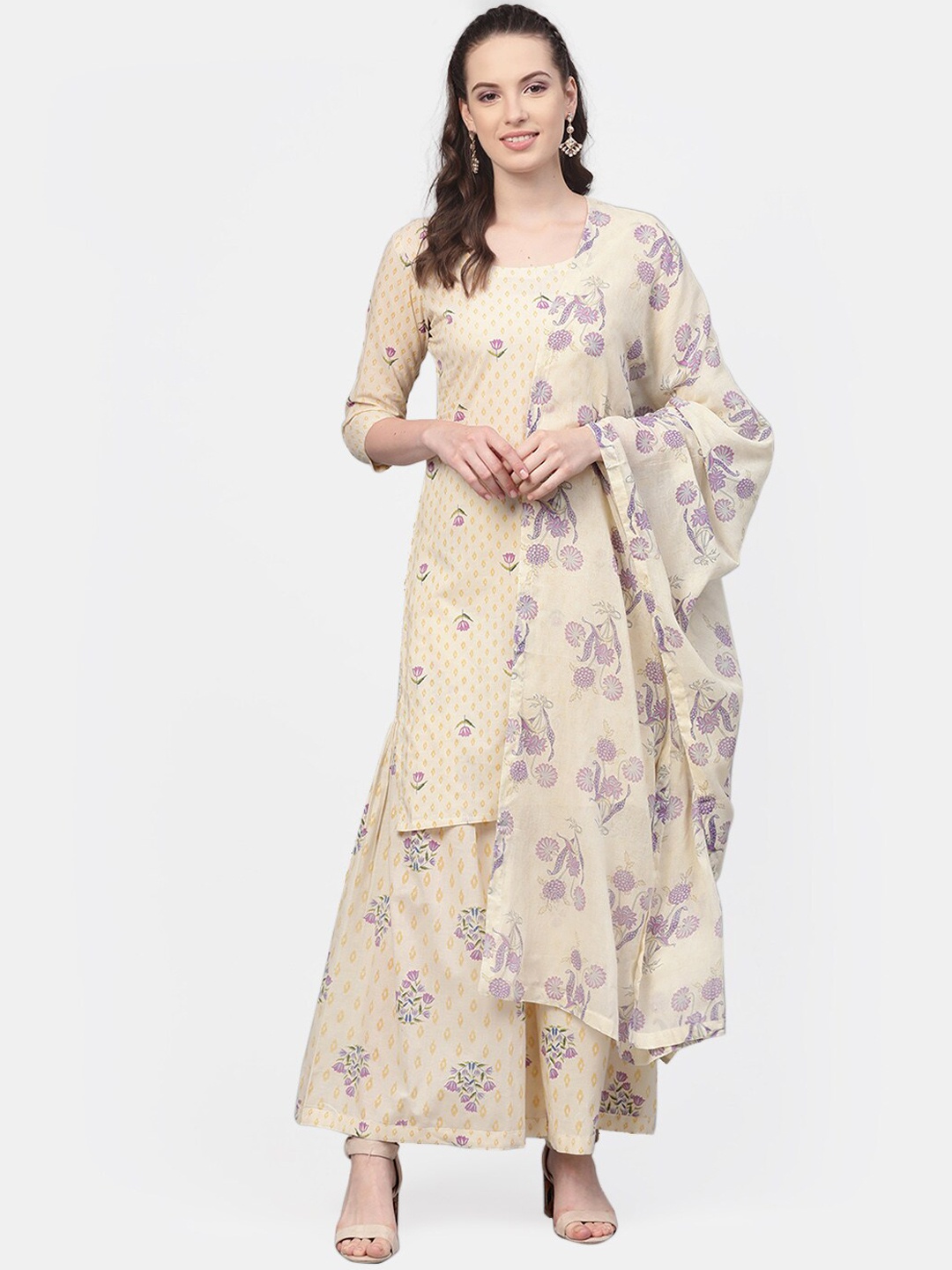 

AASI - HOUSE OF NAYO Cream & Purple Floral Printed Cotton Kurti with Sharara & Dupatta