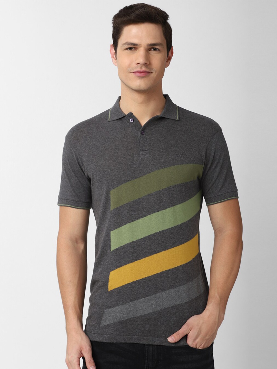 

Peter England Casuals Men Grey Striped Polo Collar Slim Fit T-shirt