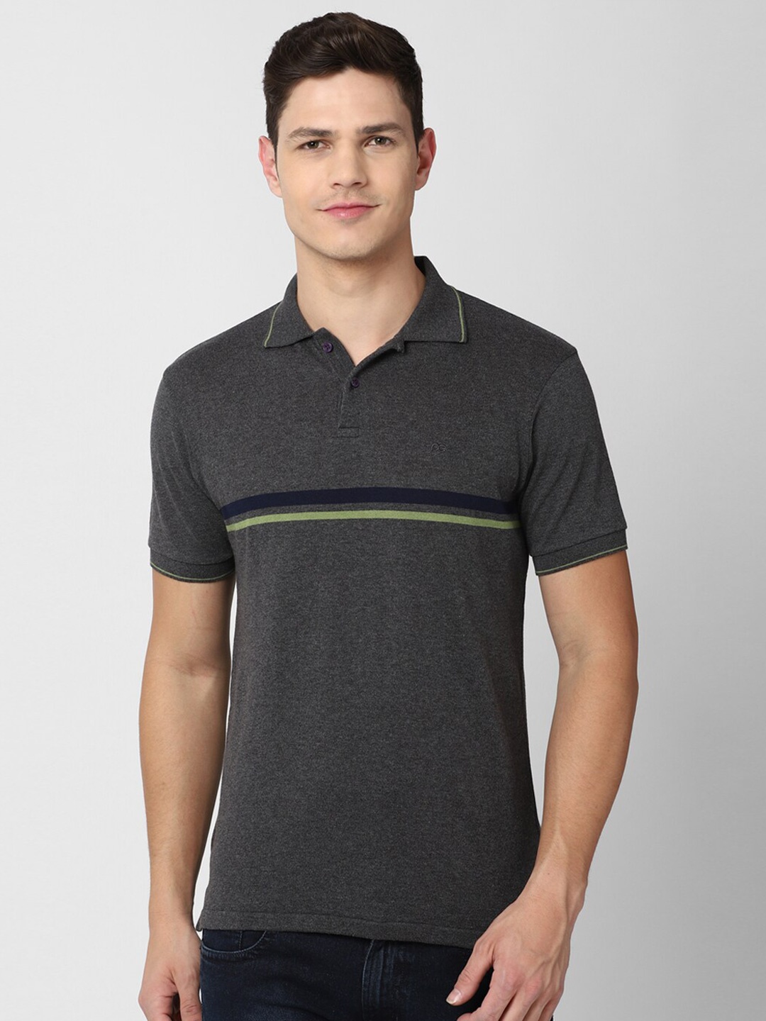 

Peter England Casuals Men Grey Striped Polo Collar Slim Fit T-shirt