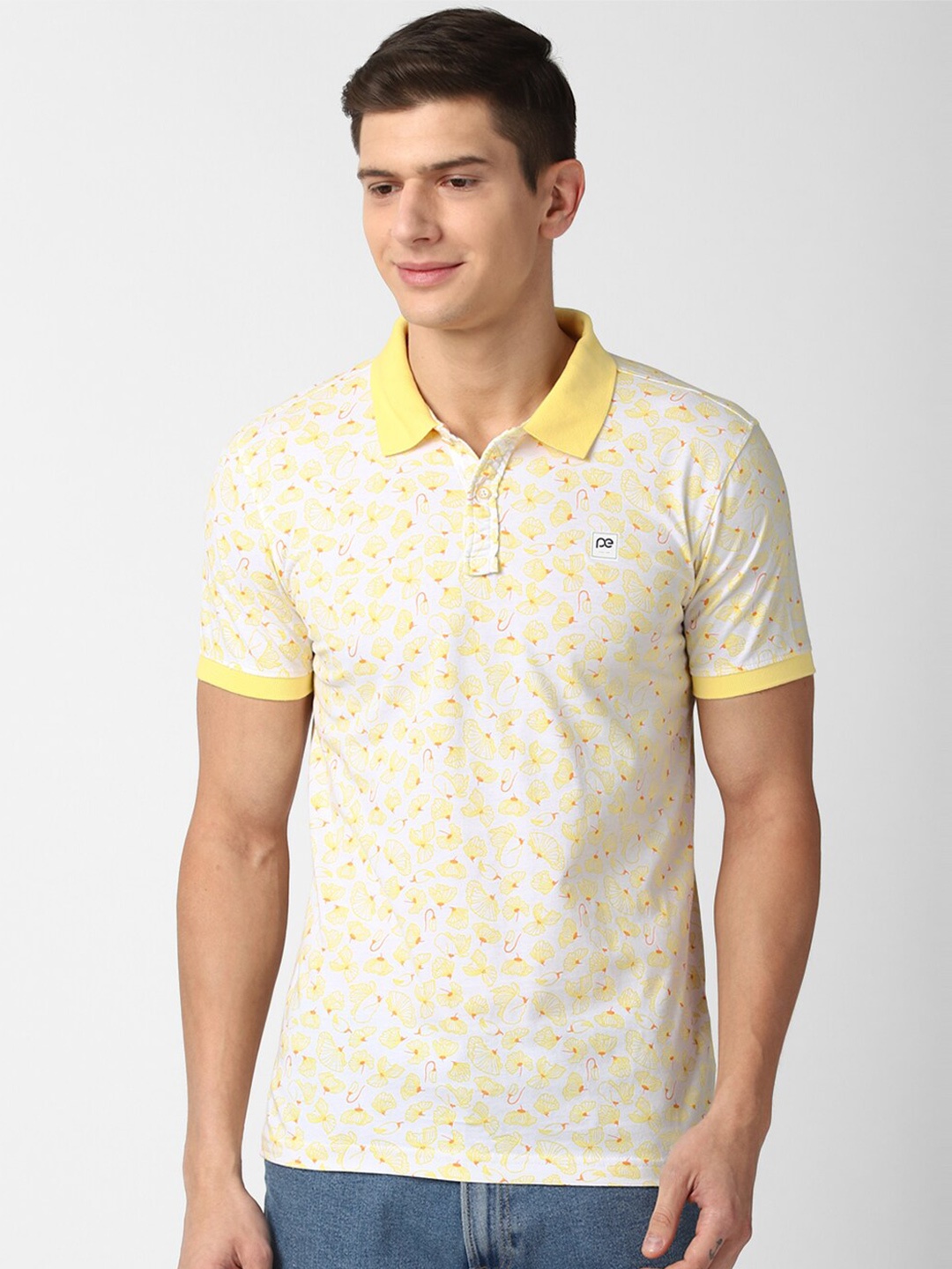 

Peter England Casuals Men Yellow Floral Printed Polo Collar Slim Fit T-shirt