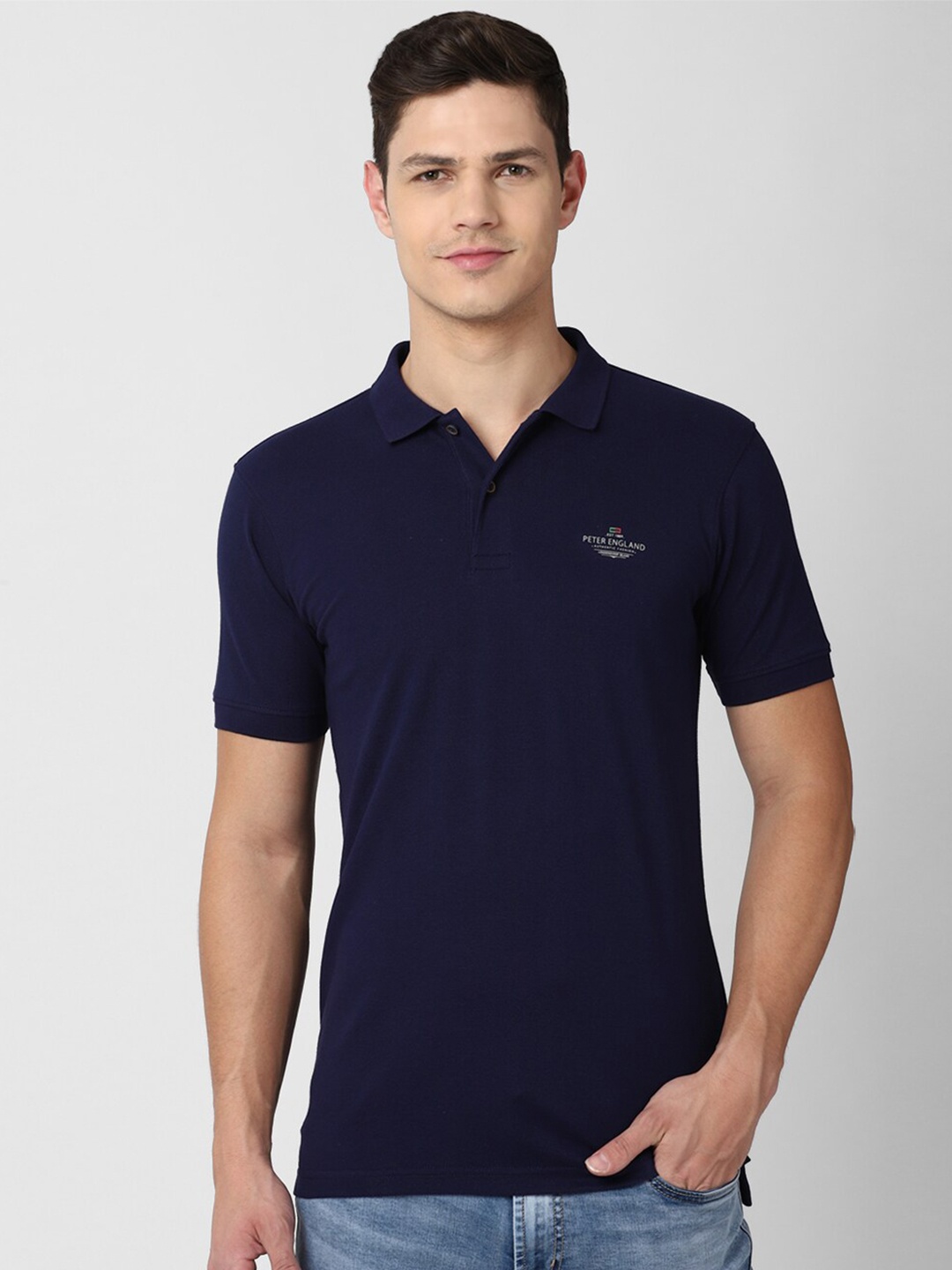 

Peter England Casuals Men Navy Blue Polo Collar Slim Fit T-shirt