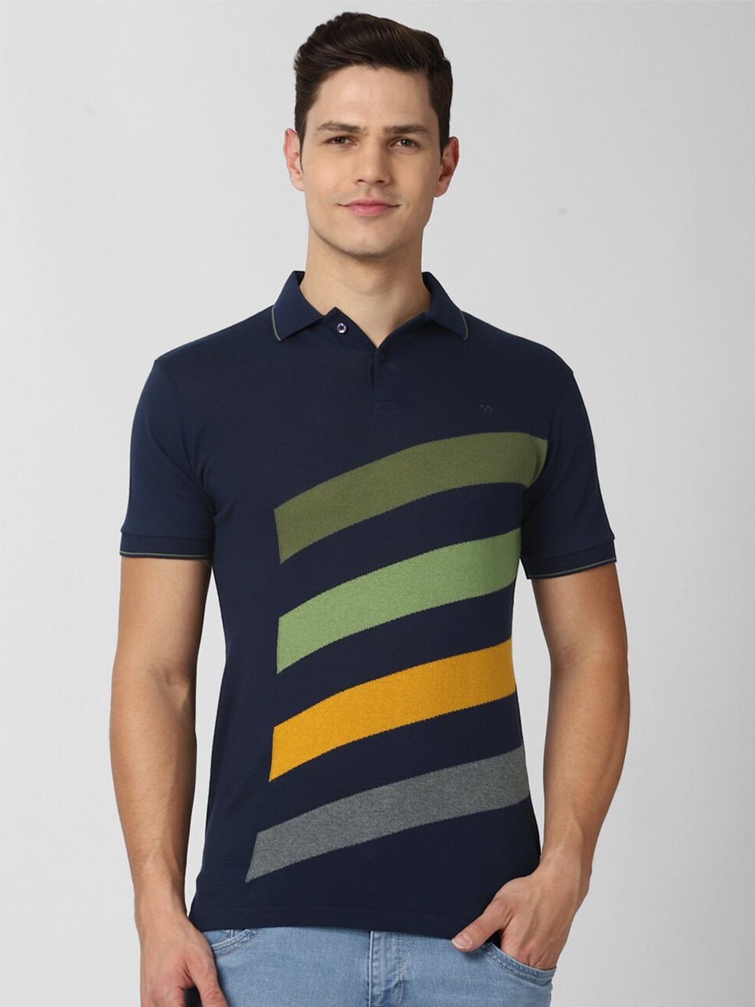 

Peter England Casuals Men Navy Blue Striped Polo Collar Slim Fit T-shirt