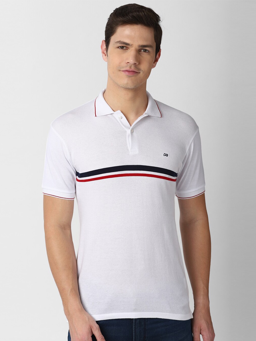 

Peter England Casuals Men White Striped Polo Collar Applique Slim Fit T-shirt