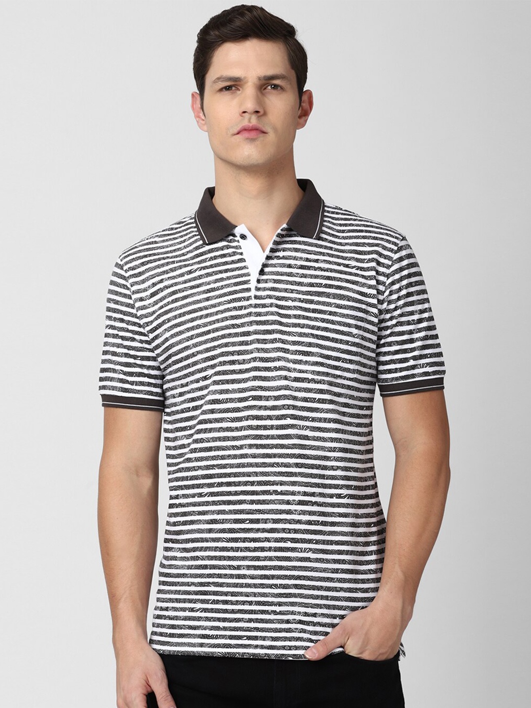 

Van Heusen Men Grey & White Striped Polo Collar T-shirt