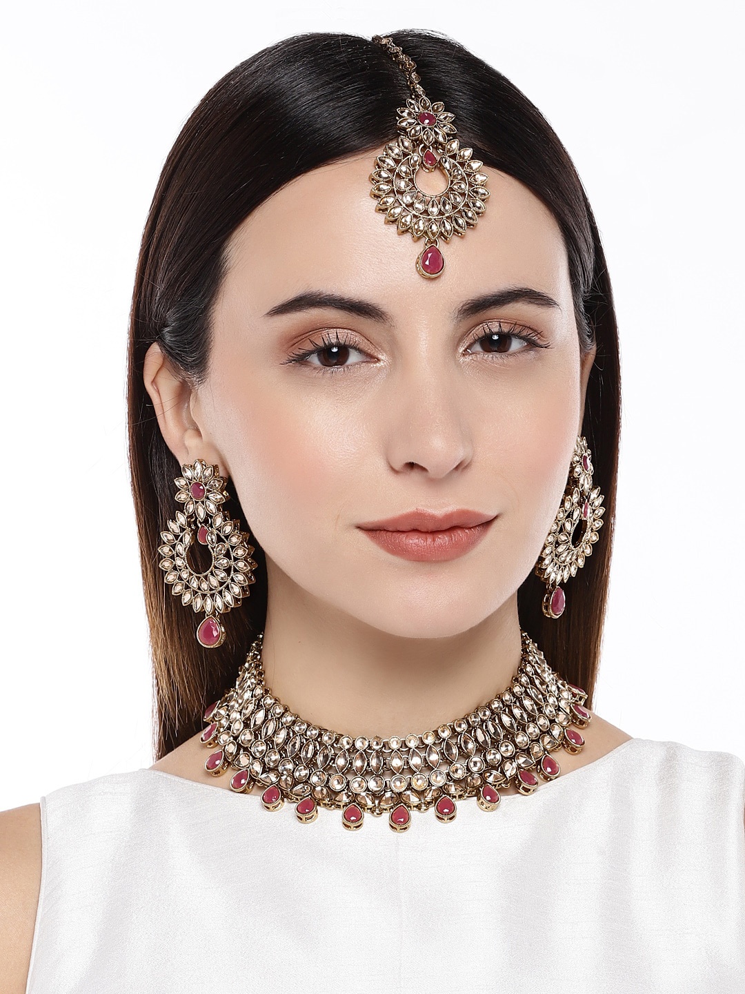 

AccessHer Gold-Plated & Pink Stones Antique Jewellery Set