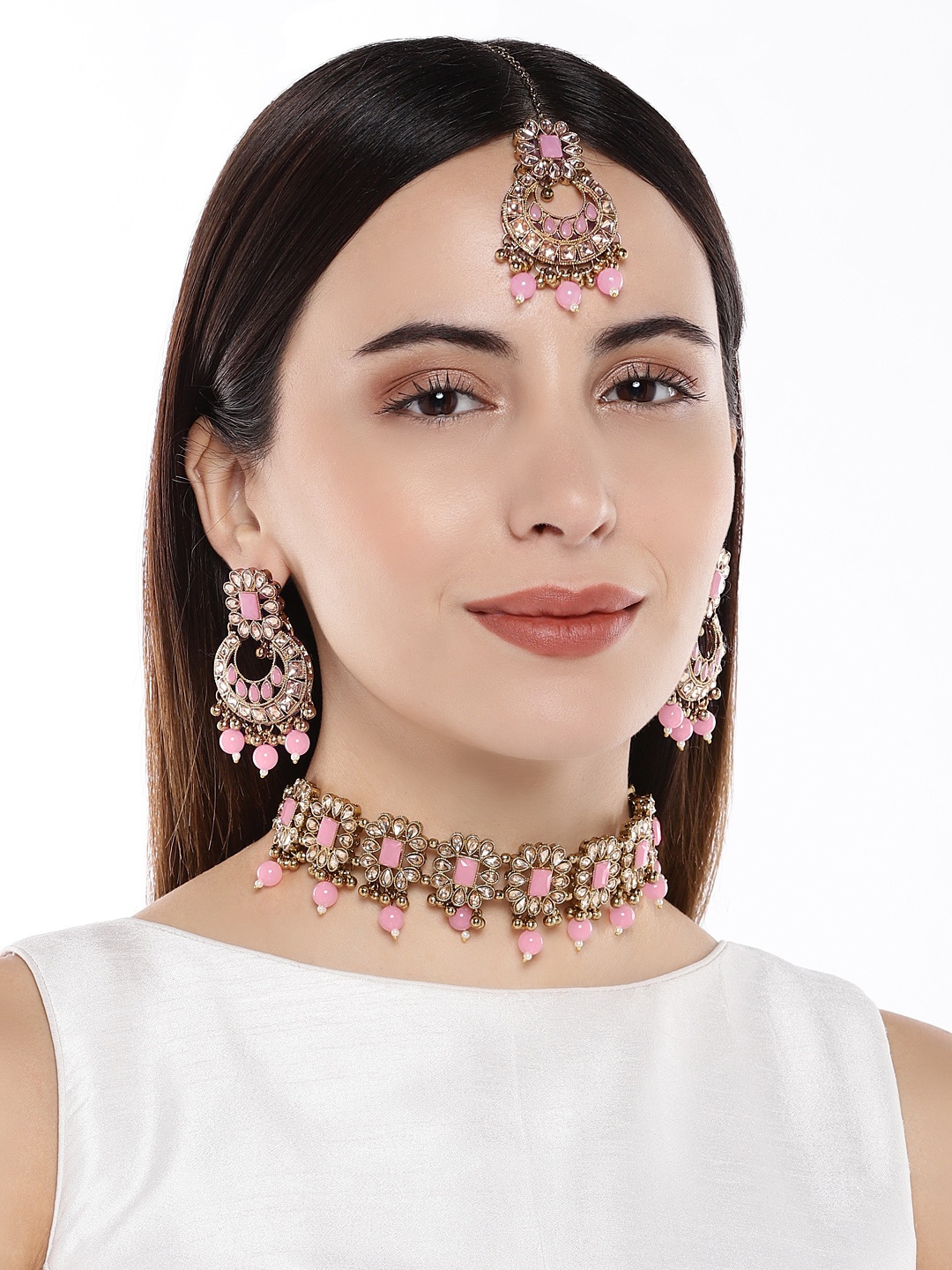 

AccessHer Women Gold & Pink Brass- Plated Stone Studded & Beaded Jewellery Set