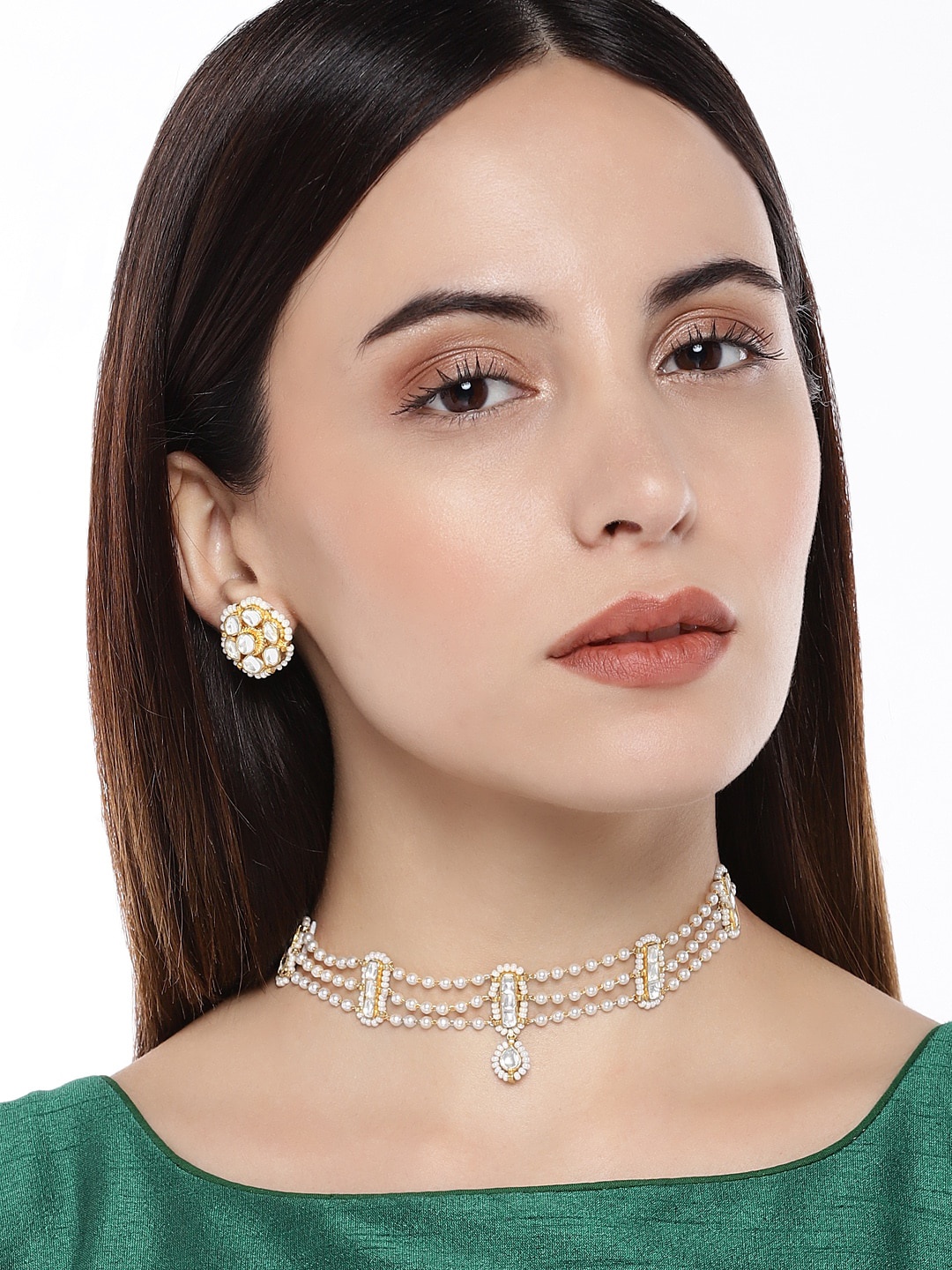 

AccessHer Gold-Plated White Kundan & Pearl Studded Jewellery Set