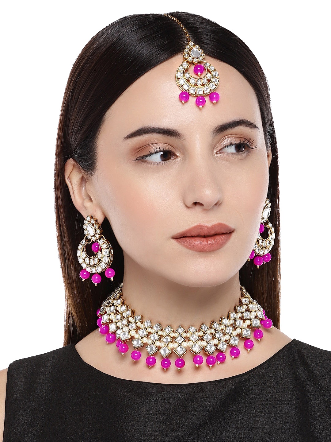 

AccessHer Gold-Toned & Pink Brass-Plated Kundan Studded & Beaded Jewellery Set