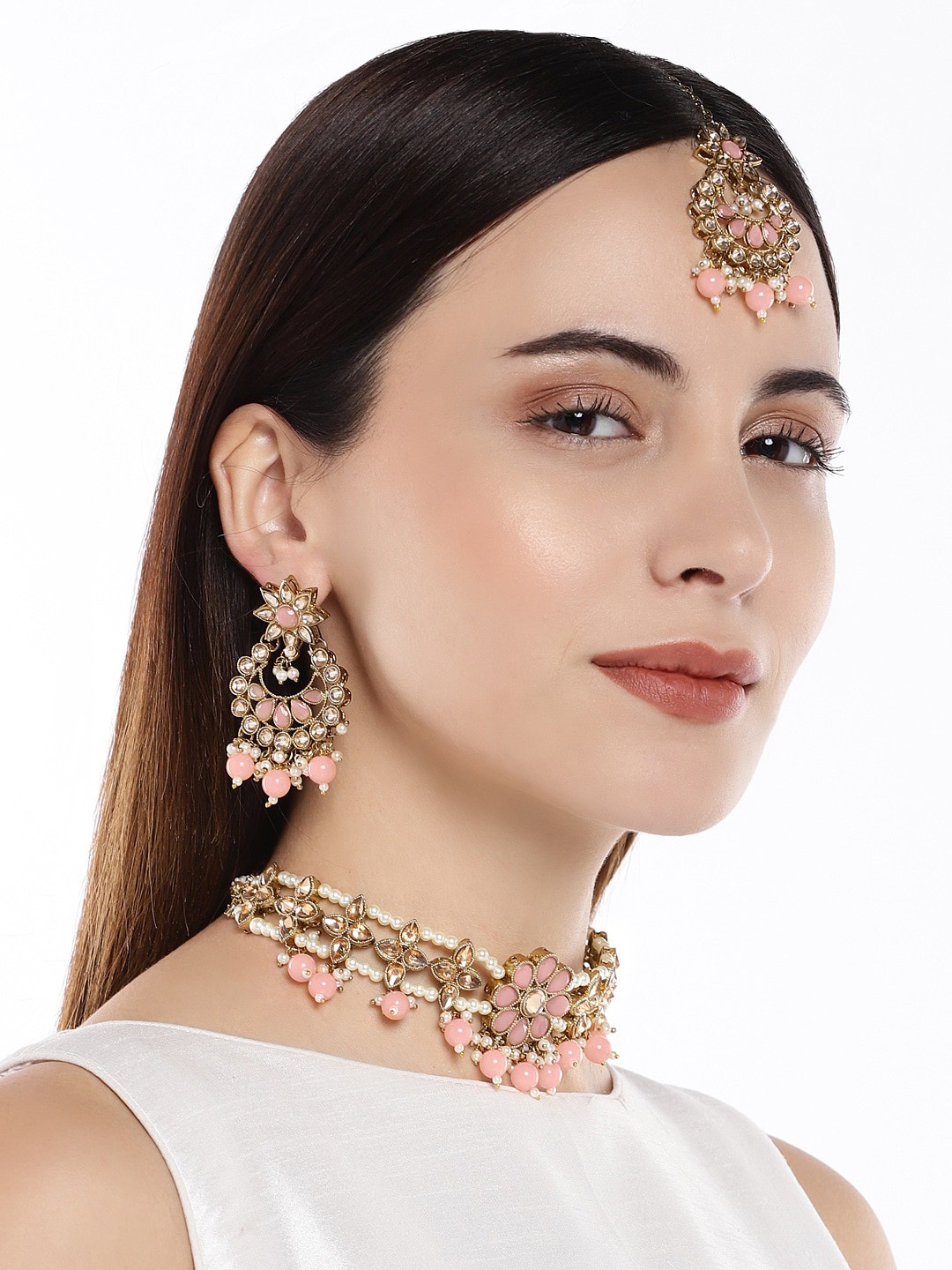 

AccessHer Gold-Toned & Pink AD-Studed Brass-Plated Choker Jewellery Set