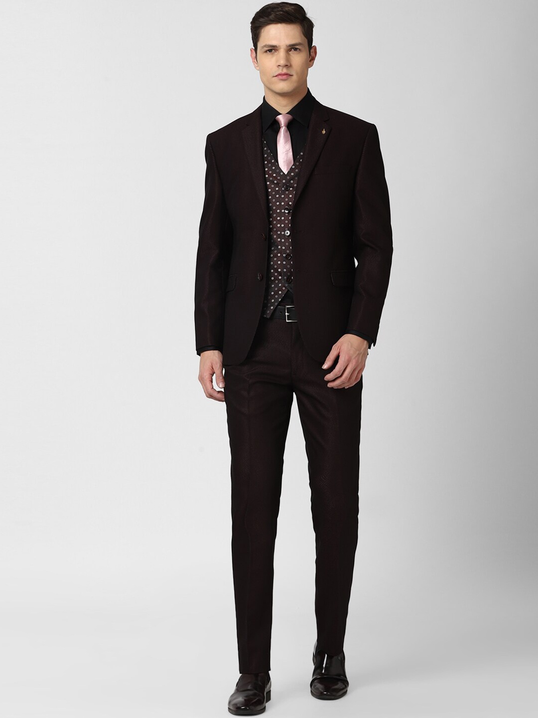 

Van Heusen Men Brown Self Design Slim-Fit 3 Piece Formal Suits
