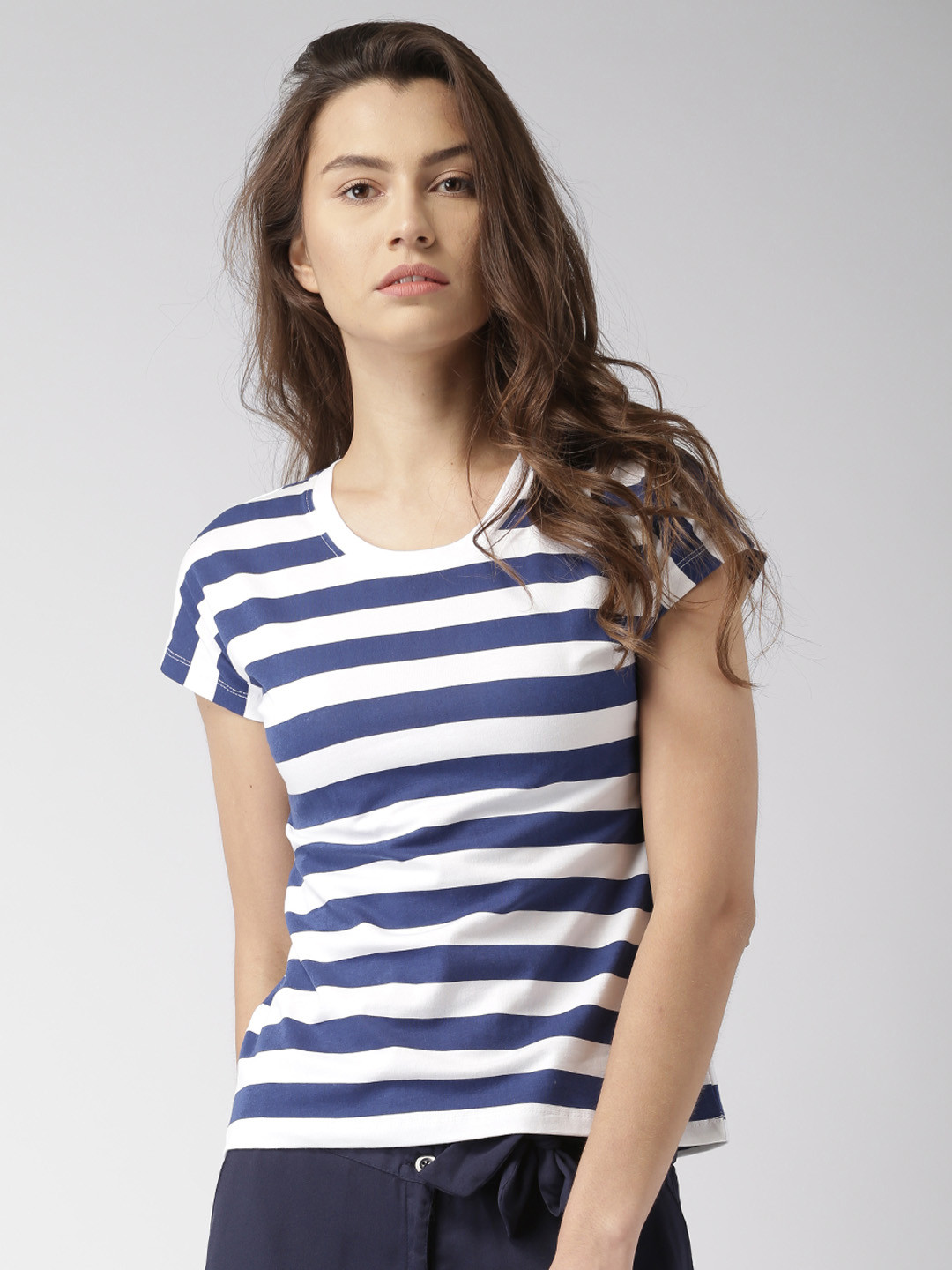 

Mast & Harbour Women Navy Blue Striped T-shirt