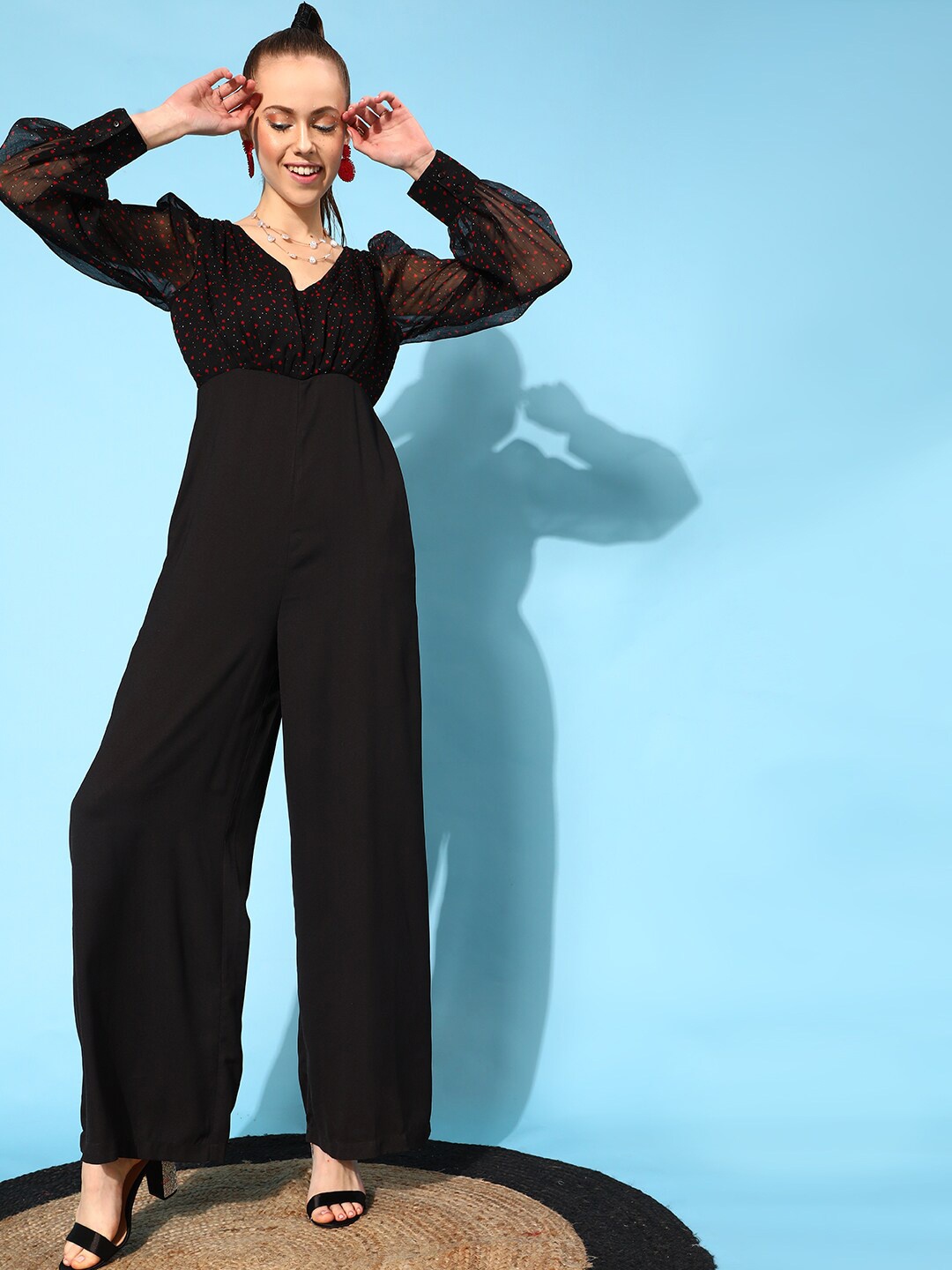 

STREET 9 Black & Red Printed Puff Sleeves Basic Jumpsuit