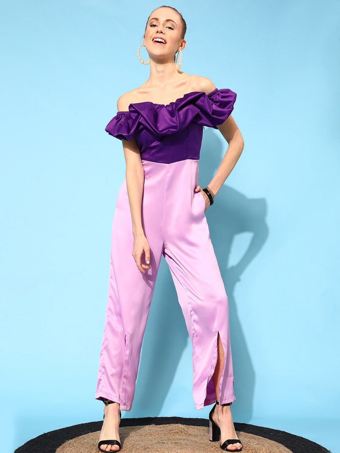 

STREET 9 Purple & Pink Off-Shoulder Basic Jumpsuit
