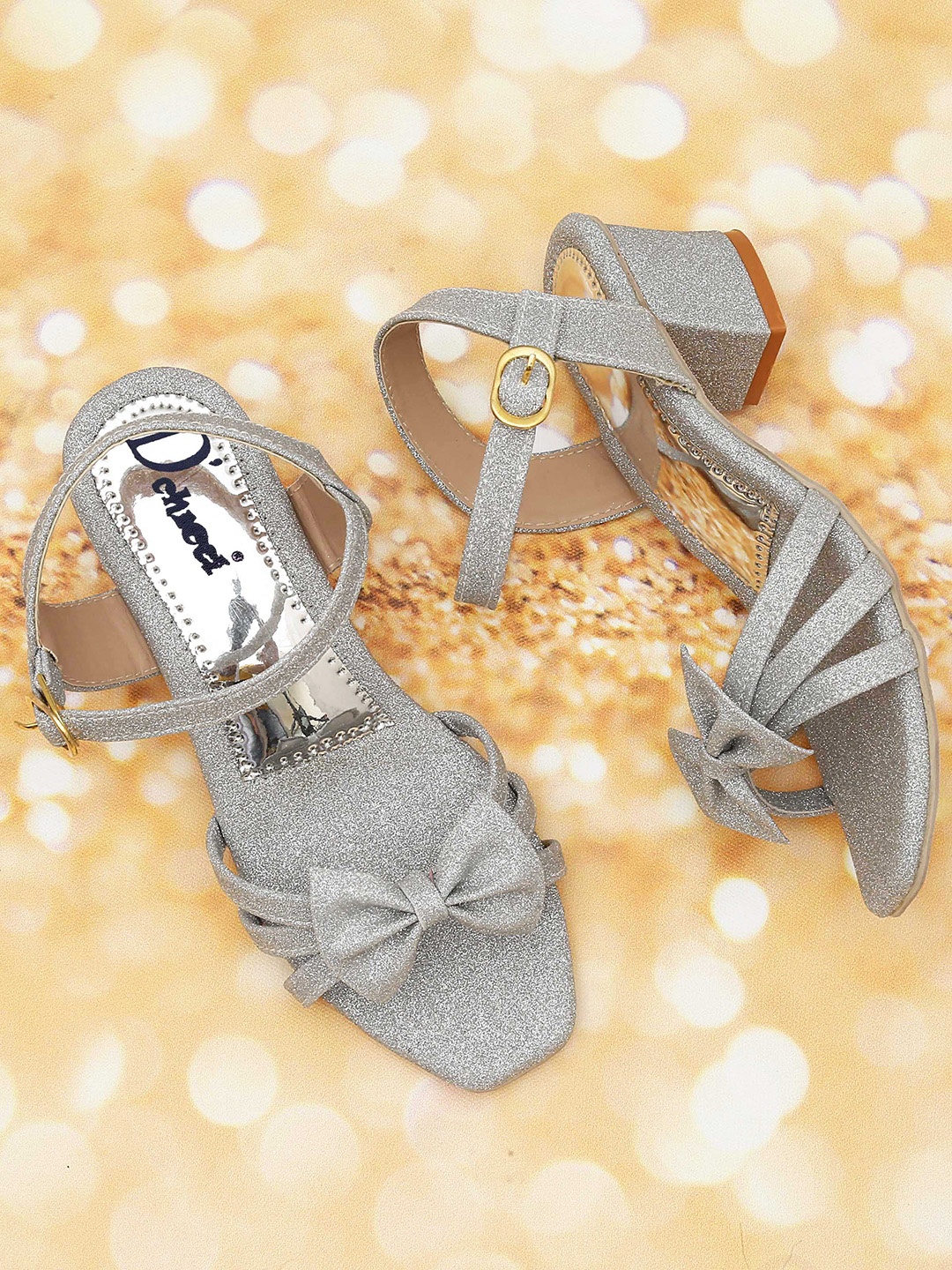 

DChica Girls Silver-Toned Textured Party Block Sandals with Bows
