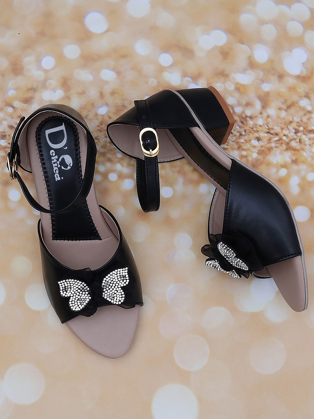 

DChica Girls Black Colourblocked Party Block Peep Toes with Bows