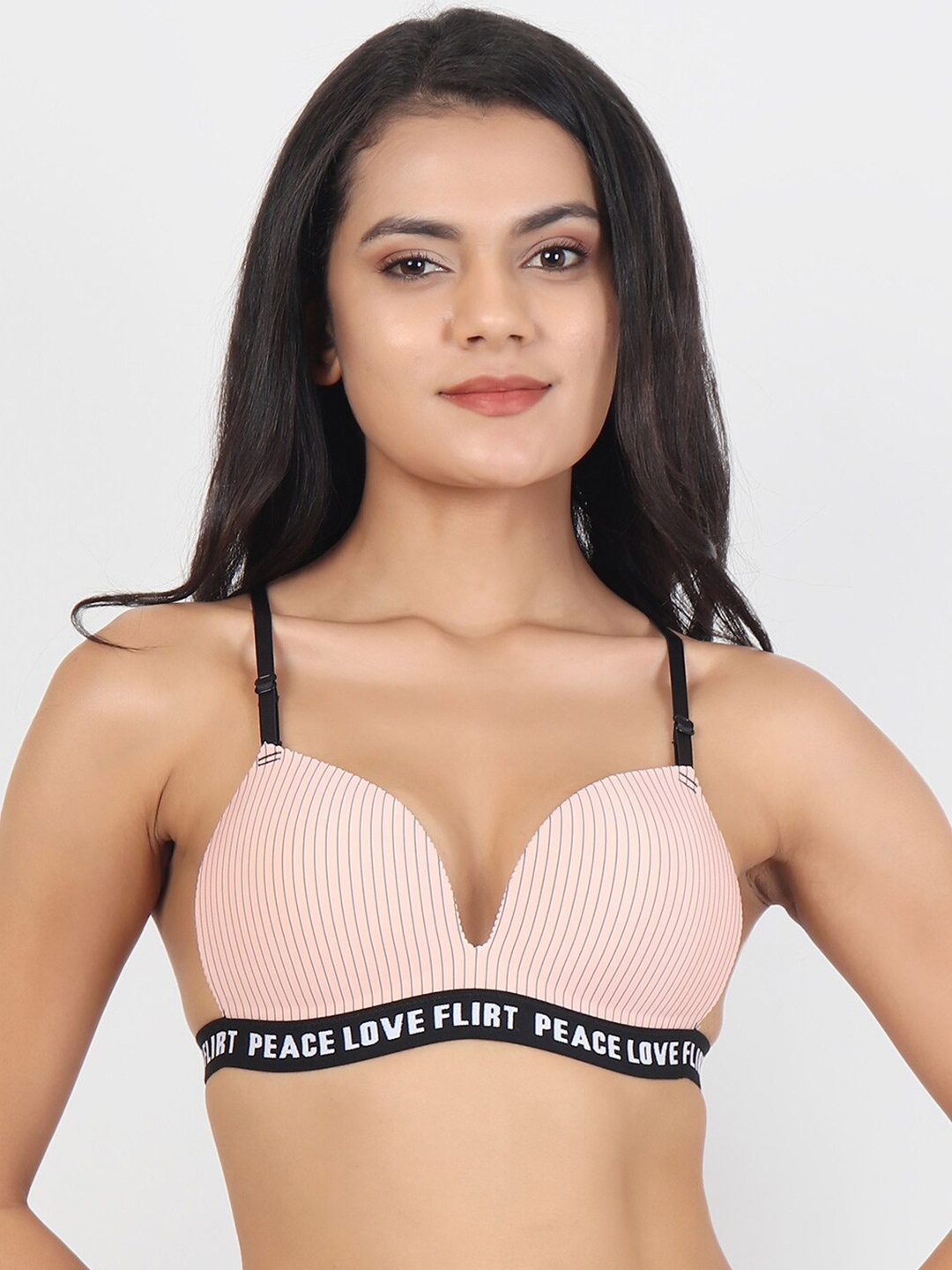 

Lebami Beige & Black Seamless Non-Wired Plunge Striped Bra With Rapid Dry Technology