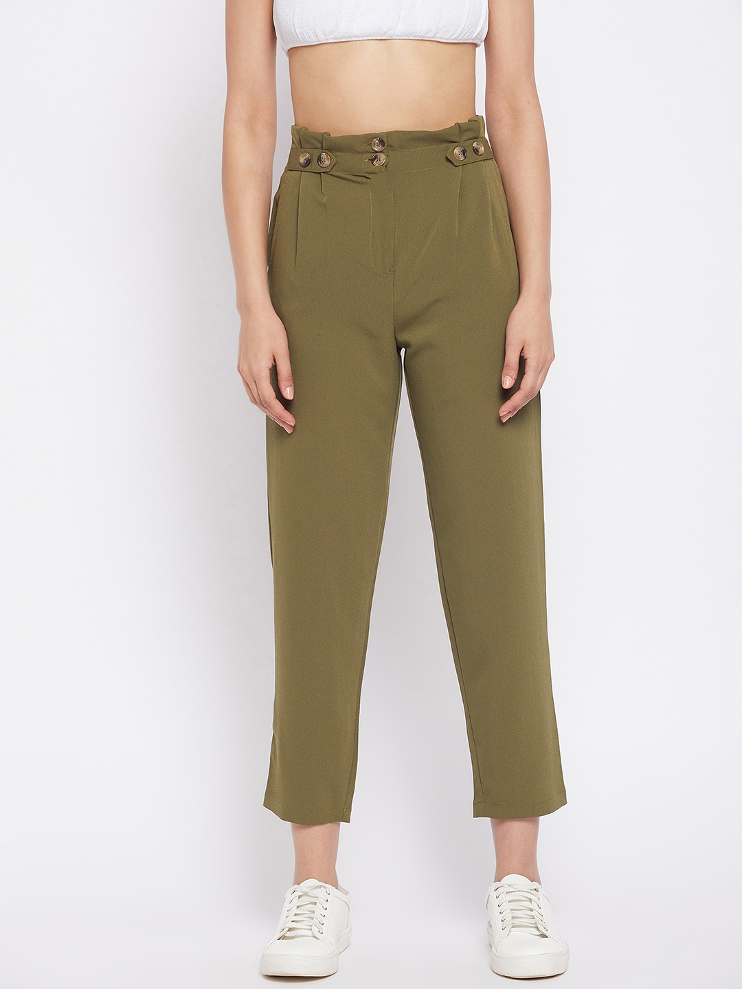

WineRed Women Olive Green High-Rise Easy Wash Pleated Trousers