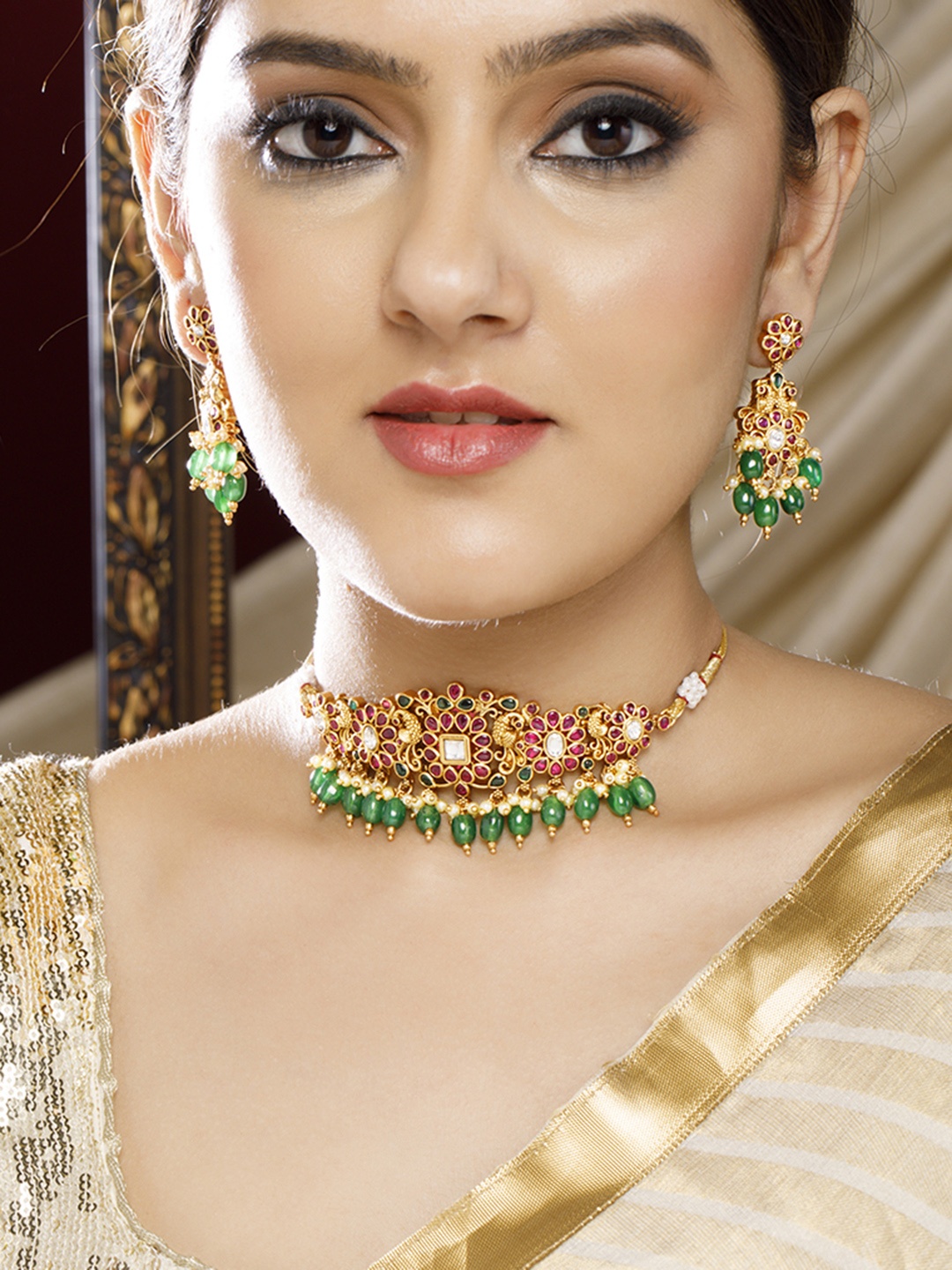 

Rubans Women 24k Gold-Plated & Green AD Studded Jewellery Set